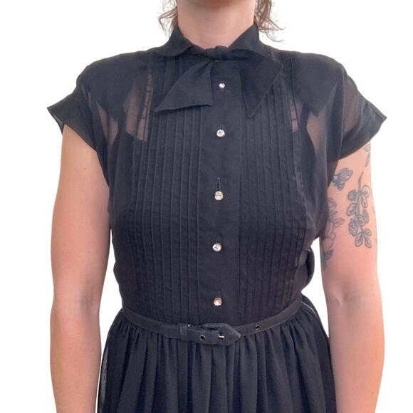 1960s Georgette Vintage Sheer Black Shirtwaist Dress - Picture 6 of 9